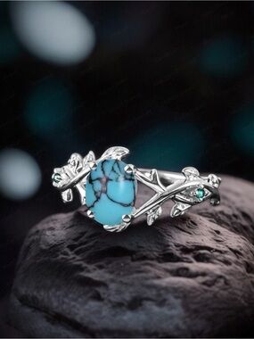 Silver Plated Turquoise Oval Nature Inspired Ring - Women Jewelry. New.